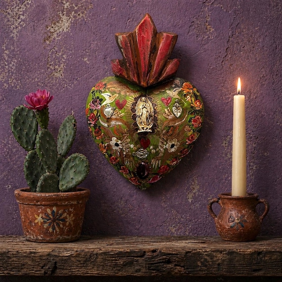Virgin GUADALUPE Sacred HEART, Mexican Milagros Corazon 8 1/2"H