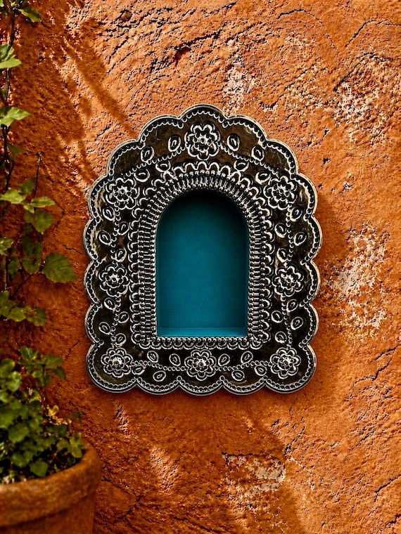 Mexican Tin NICHO, Arched Shadowbox Frame, Silver w Blue,  7 1/2"H