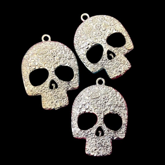 SET (3) Day of the Dead SUGAR SKULL Milagro Charms, Large Silver Tone Milagro Charms