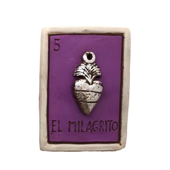 LARGE Clay LOTERIA CARD Plaque, El Milagrito, Milagro Heart 9”