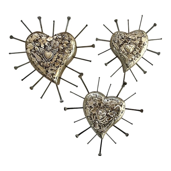 Milagros Sacred Heart, Embossed Tin & Wood Mexican Corazón with Nails