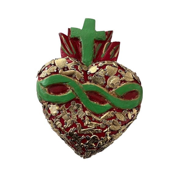 Mexican MILAGROS HEART with Cross & Thorns, Sacred Heart with Charms, ExVotos Corazon