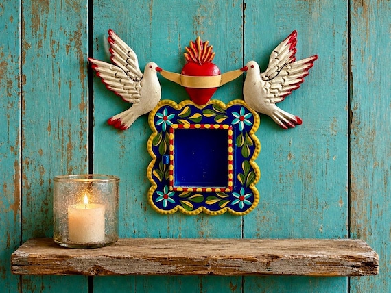 Mexican Tin Sacred Heart Nicho, Hand Painted Shadowbox Frame with Doves, BLUE