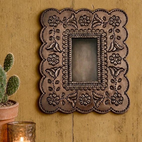 Mexican Tin NICHO,  Shadowbox Frame, Silver or Oxidized 7 1/2”H