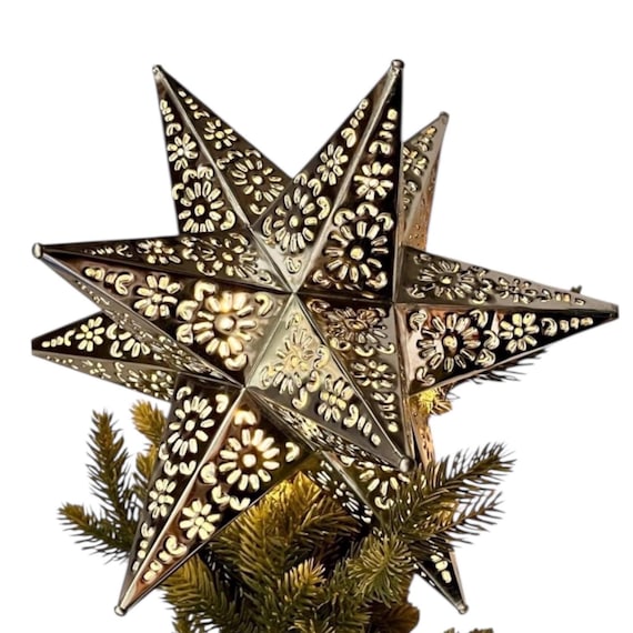 Moravian Tin STAR Christmas TREE TOPPER: Mexican Estrella Luminaria, Xmas Topper