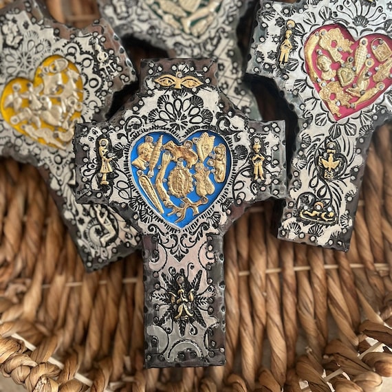 Mexican CROSS with Milagros HEART,  Wood Embossed Tin, ExVotos Cross Etched Tin, Milagros Corazon 7.5”