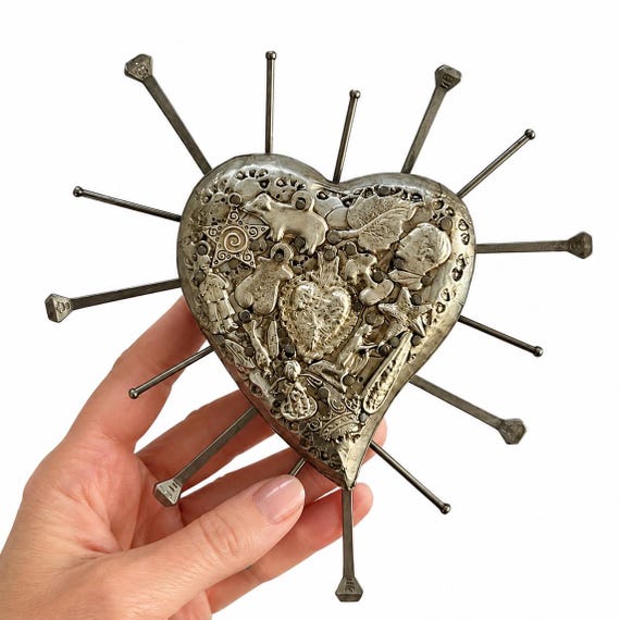 Milagros Heart with Nails 7” Embossed Tin Mexican Corazón