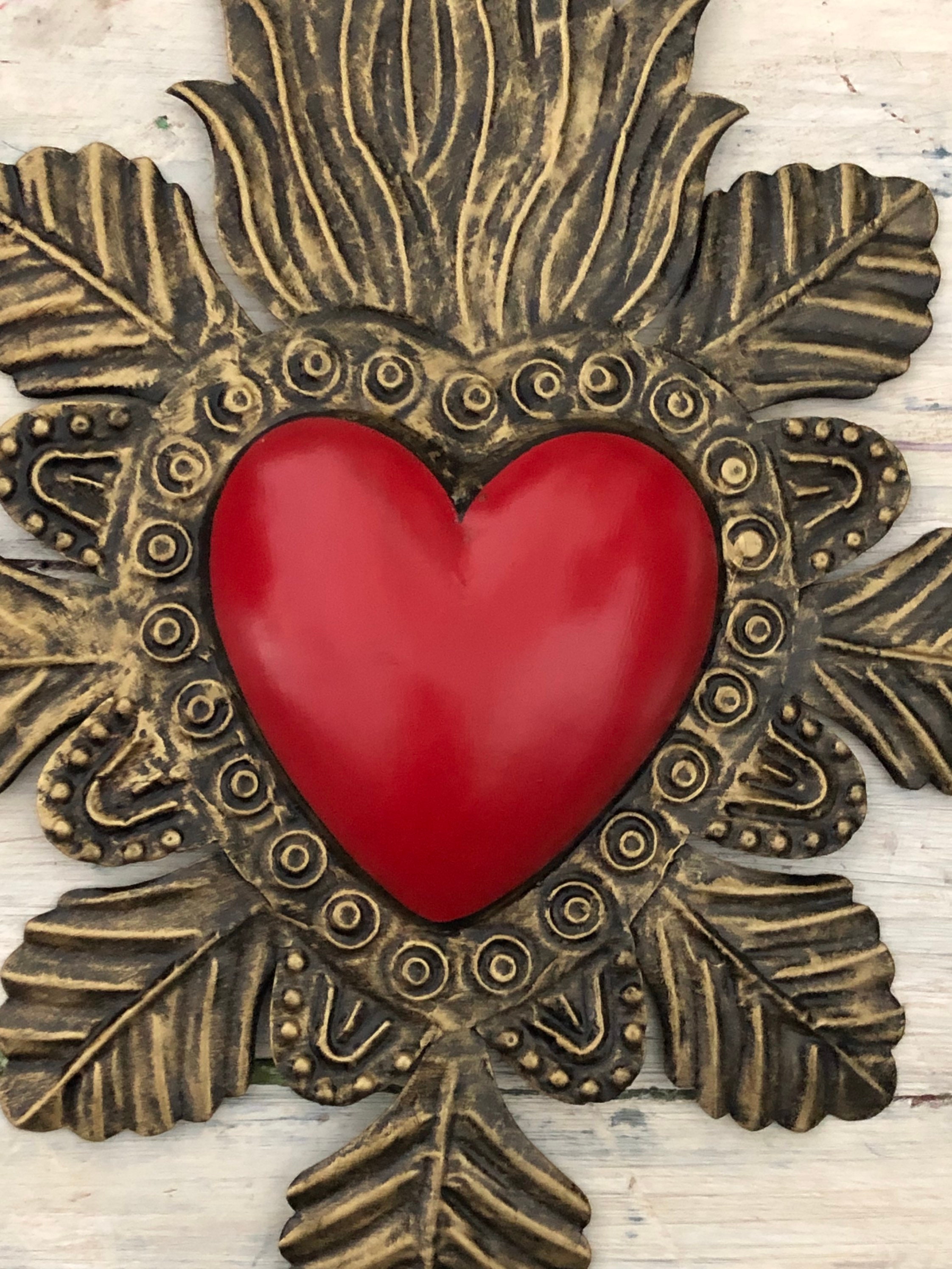 TIN HEARTS SET, Heart with Hanging Hearts, Sacred Heart with Flames