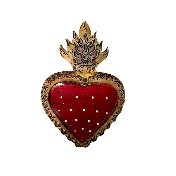 SACRED HEART Tin Luminaria, Punched Tin Heart Light, Mexican Tin Corazon 15” LG Red