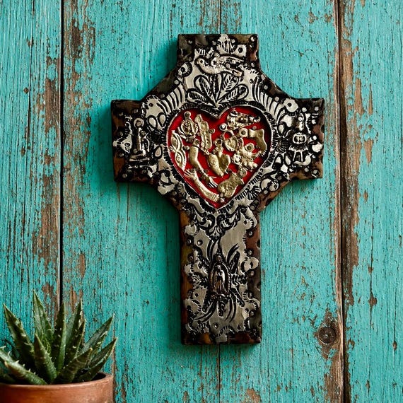 MILAGROS Heart CROSS, Mexican Milagro Embossed Tin & Wood 7.5”H