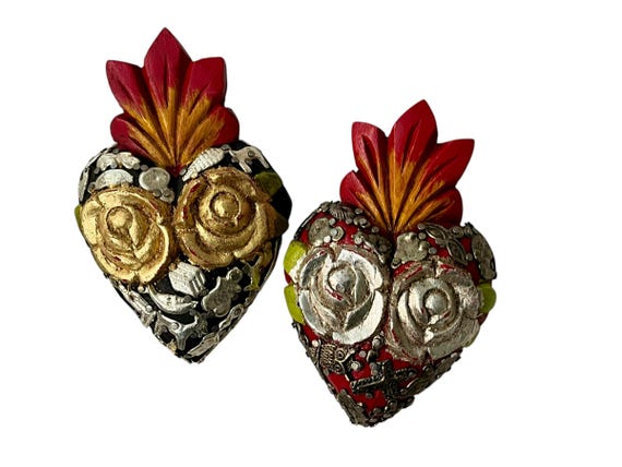 SACRED HEART with Roses, Heart with Flames, Mexican Milagros Corazon