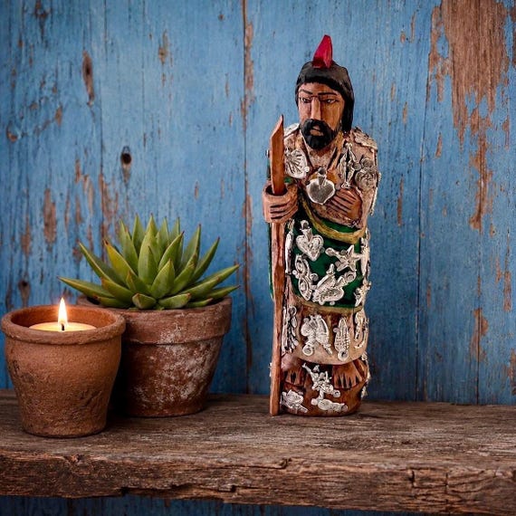 Saint Jude Figurine with Milagros: 8" Carved Mexican SANTO, St. JUDAS