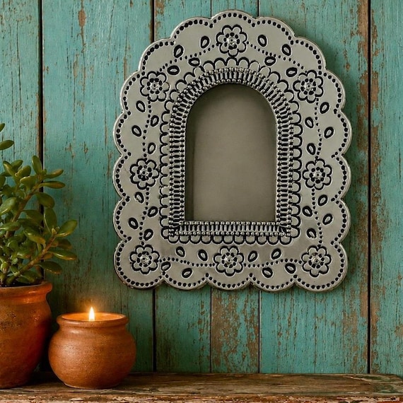 Mexican Tin NICHO, Arched Shadowbox Frame, Silver or Oxidized 7 1/2"H