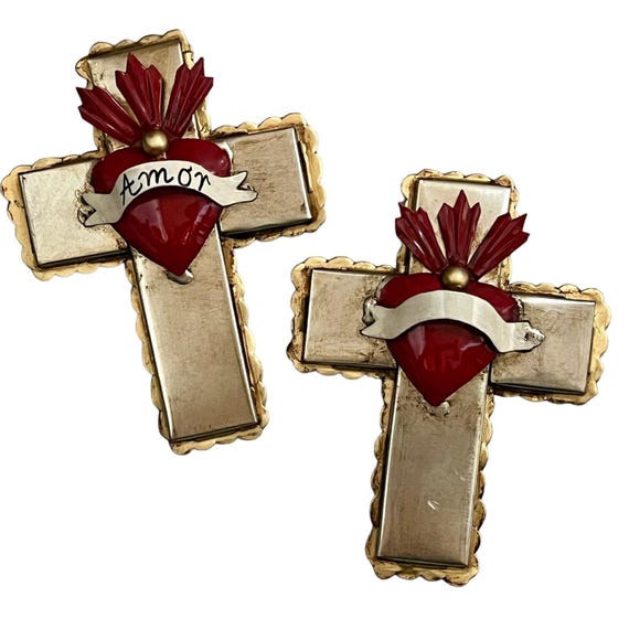 Mexican Tin CROSS w SACRED HEART, Small Tin Cross “Amor”