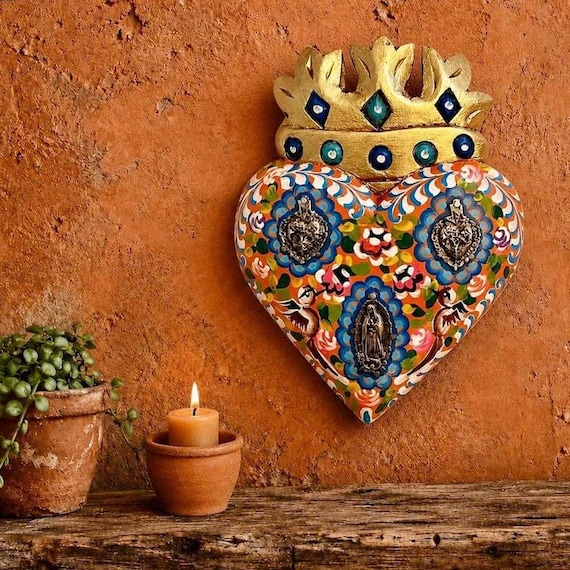 Virgin GUADALUPE & Doves Milagros Heart, ExVotos Corazon with CROWN 7 1/2"H