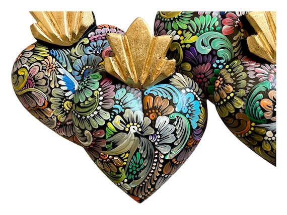 Wood SACRED HEART, Handpainted Mexican Corazon with Doves and Flowers