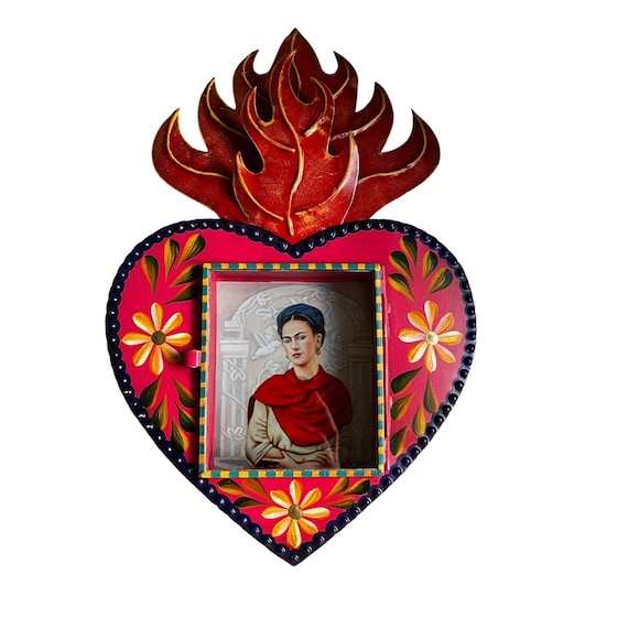 Sacred Heart Frame, Mexican Tin Nicho FRIDA, Punched Tin Heart