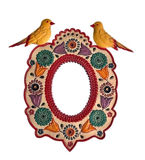 Mexican TIN MIRROR with Birds, Hand Painted Oval Mirror LG 13”H