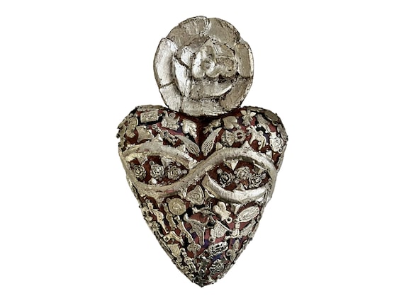 Milagros HEART w Band of Thorns and Rose, Mexican ExVotos Corazon LARGE 10"