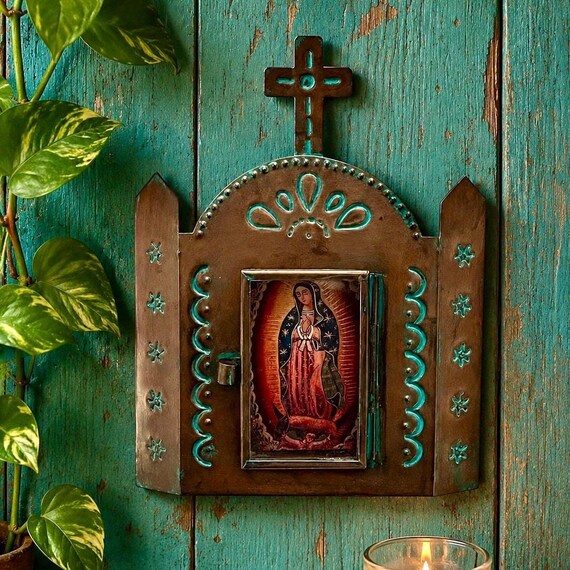 VIRGIN GUADALUPE Tin Nicho, Mexican Church Frame 6”H