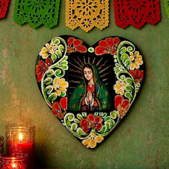 VIRGIN GUADALUPE Retablo Heart, Mexican Corazon LARGE 10"