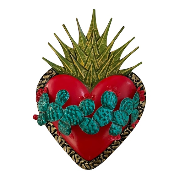 CACTUS HEART, Mexican Tin Sacred Heart with Flames