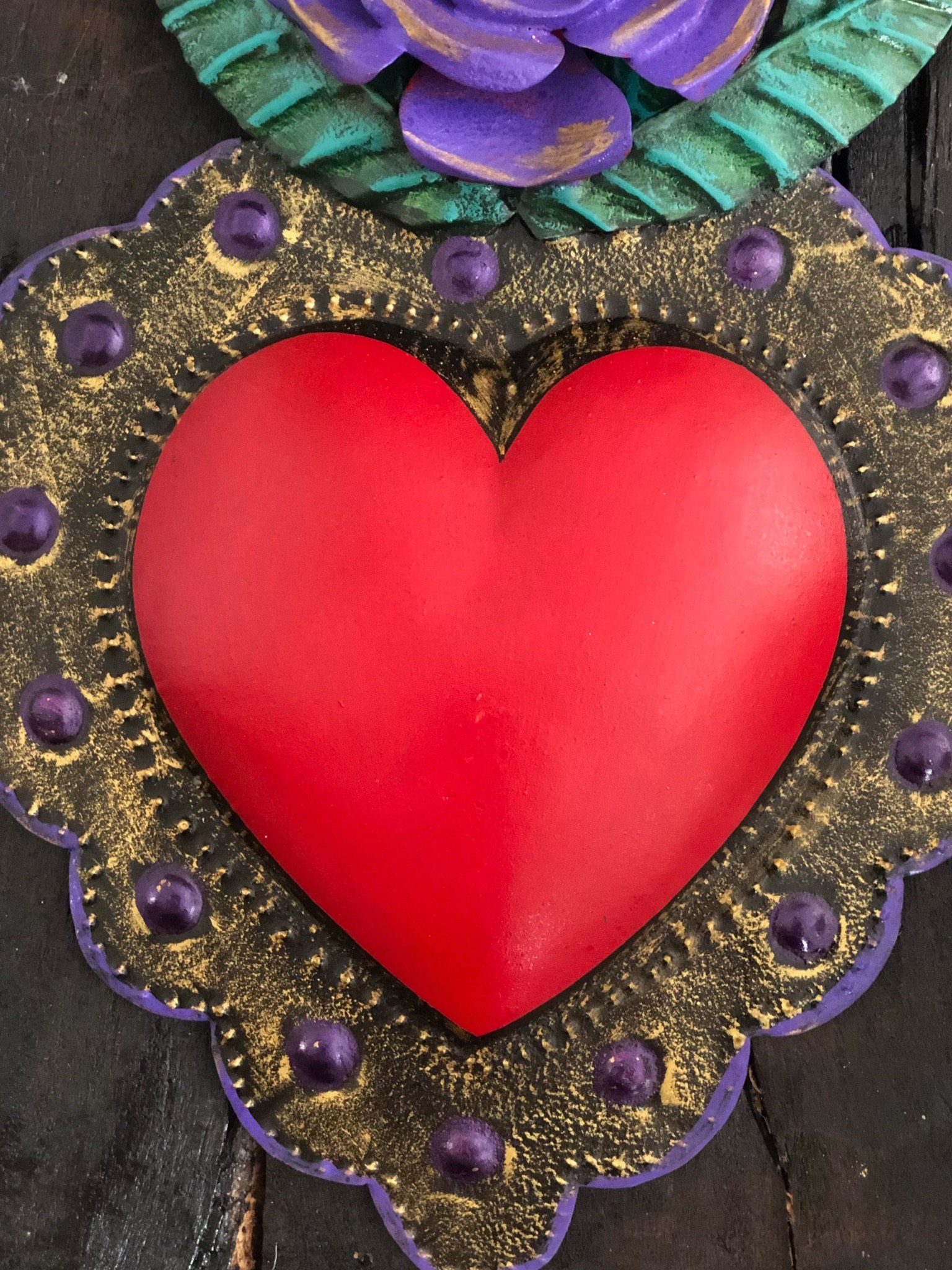 Punched Tin Heart with Flower, Purple
