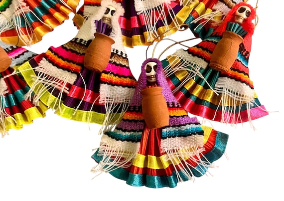 Day of the Dead Catrina Ornaments, Set (4) CORN HUSK Mexican Christmas Decorations