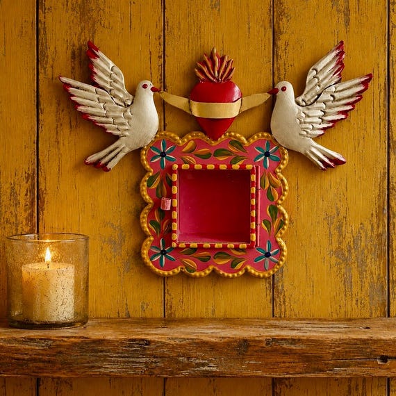 Mexican Tin Sacred Heart Nicho, Hand Painted Shadowbox Frame with Doves, PINK