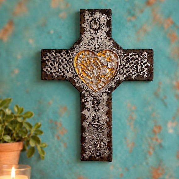 MILAGROS Heart CROSS, Mexican Milagro Embossed Tin & Wood LARGE 12"