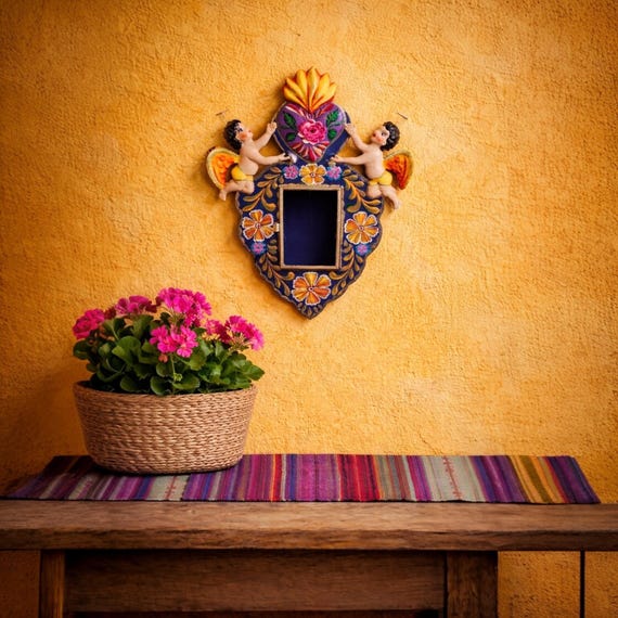 SACRED HEART Nicho Frame: Mexican Tin Corazon with Angels, Cherubs LG 10” Love Shadowbox