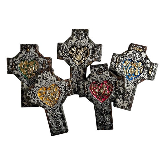 Mexican MILAGROS CROSS with HEART,  Wood with Embossed Tin, ExVotos Cross Etched Tin, Milagros Corazon 7.5”