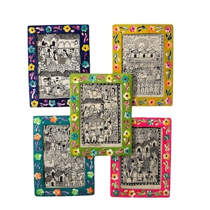 Mexican Framed OTOMI AMATE Bark Painting, Village Scene