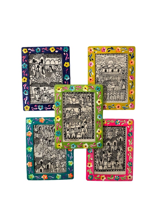 Mexican Framed OTOMI AMATE Bark Painting, Village Scene