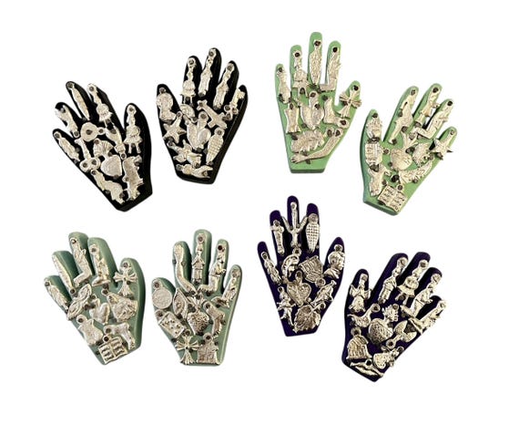 PAIR Mexican MILAGROS HANDS, Set (2) Mini Hands With Charms, ExVotos Healing Hands