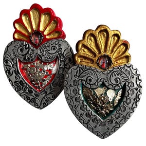 MILAGROS Heart, Wood w Embossed Tin Sacred Heart with Charms, Mexican Etched Tin, ExVotos Corazon Virgin GUADALUPE