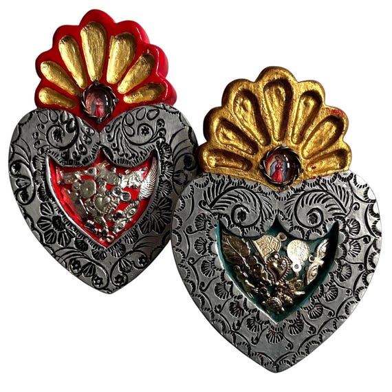 MILAGROS Heart, Wood w Embossed Tin Sacred Heart with Charms, Mexican Etched Tin, ExVotos Corazon Virgin GUADALUPE