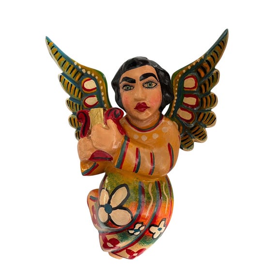 Mexican ANGEL with Harp, Full Body Hanging Carved Wood Angel