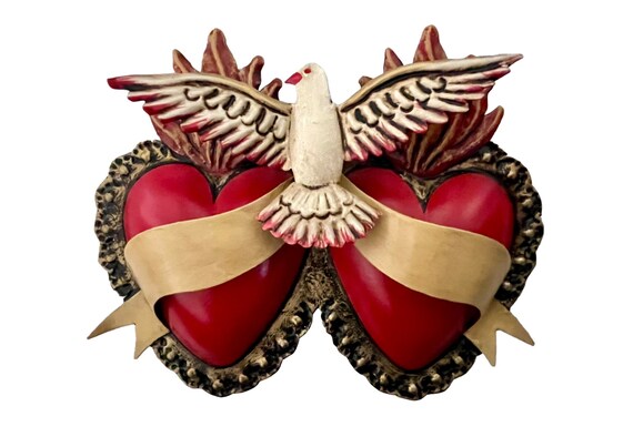 Tin HEARTS with DOVE, Red Sacred Heart, Mexican Tin Corazon, Double Hearts, Twin Hearts