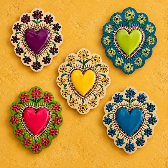 Mexican TIN HEART with Flowers, Painted Tin Corazon