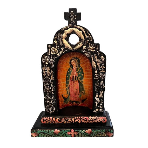 VIRGIN GUADALUPE NICHO with Milagro Charms Mexican Retablo, Church Shrine Nicho