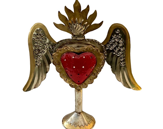 Featured listing image: SACRED HEART Tin Luminaria, Punched Tin Heart on Stand, Mexican Corazon with Wings