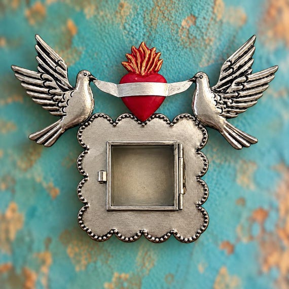 SACRED HEART Frame with Doves, Shadowbox Nicho, Silver Mexican Tin Love Birds Niche