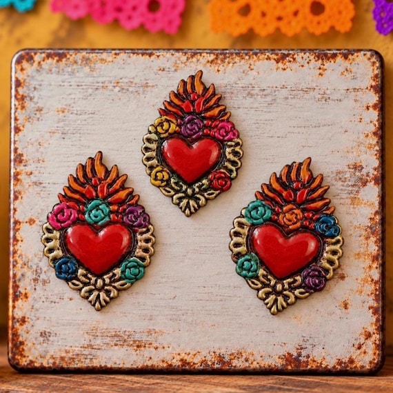 Set (3) Small SACRED HEART with Magnets, Altar Decoration Mexican Tin Ornaments