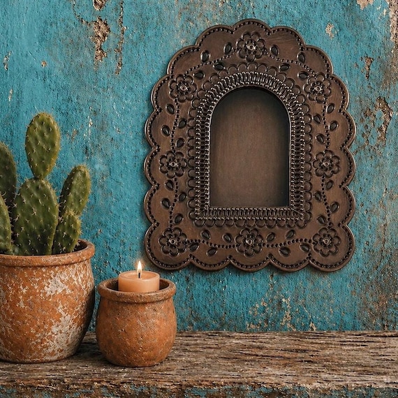 Mexican Tin NICHO, Arched Shadowbox Frame, Silver or Oxidized 7 1/2"H
