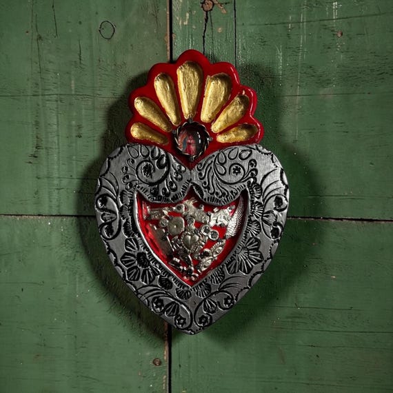 SACRED HEART Milagro, Embossed Tin & Wood ExVoto, Virgin GUADALUPE 7"