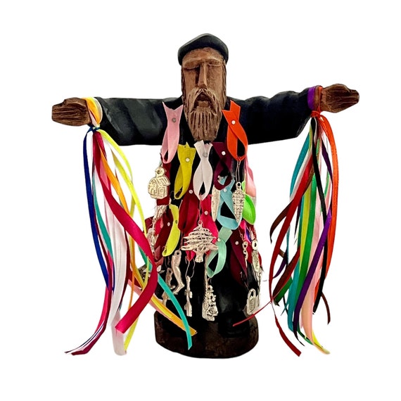 Saint CHARBEL with MILAGROS and RIBBONS, San Charbel Mexico, Mexican Santo, Stand or Hang 8"