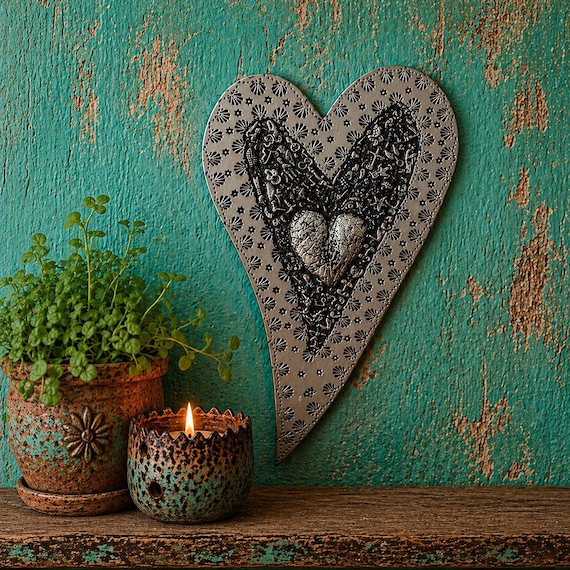 Mexican MILAGROS HEART, Wood with Embossed Tin, ExVotos Corazon