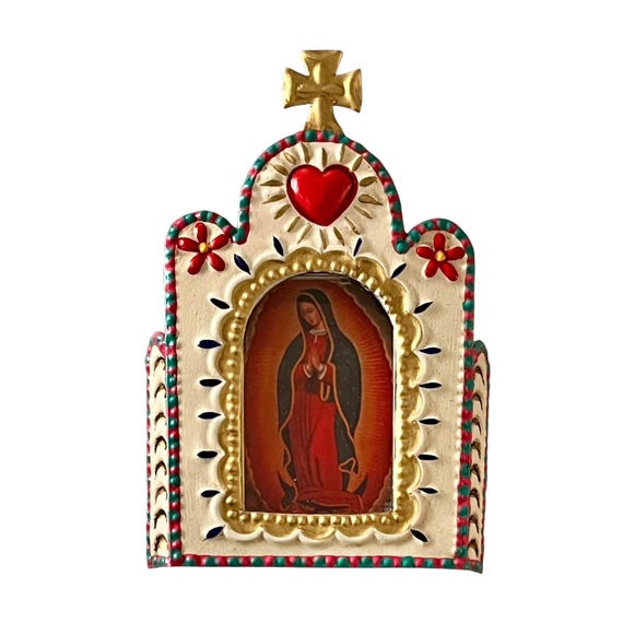 VIRGIN GUADALUPE Tin Nicho, Mexican Church Heart Nicho Frame