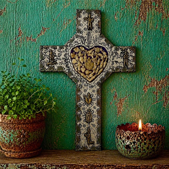 Mexican Milagros Cross: Embossed Tin & Wood, Heart Exvotos - LARGE 14"